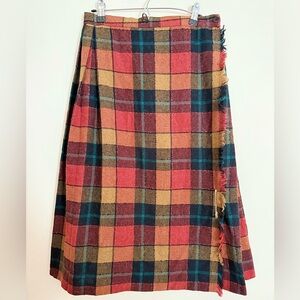70s Vintage Orange and Brown Plaid Wool Kilt